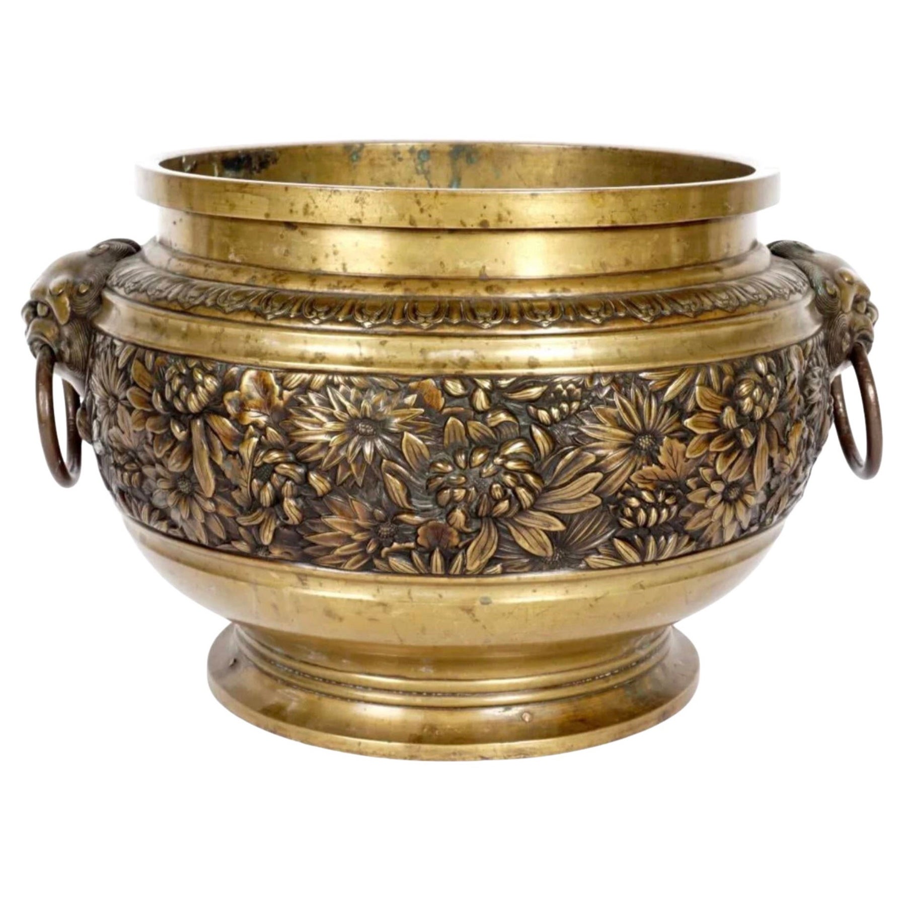 Large Heavy Chinese Cast Gilt Bronze Planter For Sale