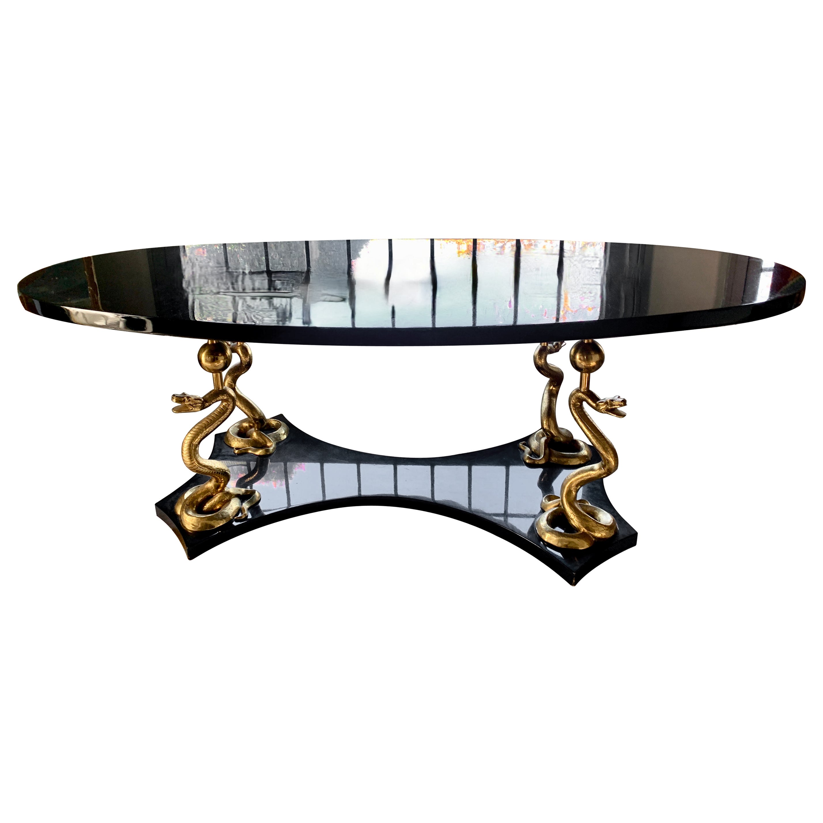 Oval Black Lacquer Console or Center Table 24k Gilt Legs After Salvador Dali For Sale