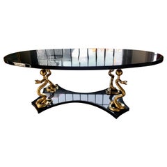 Used Oval Black Lacquer Console or Center Table 24k Gilt Legs After Salvador Dali