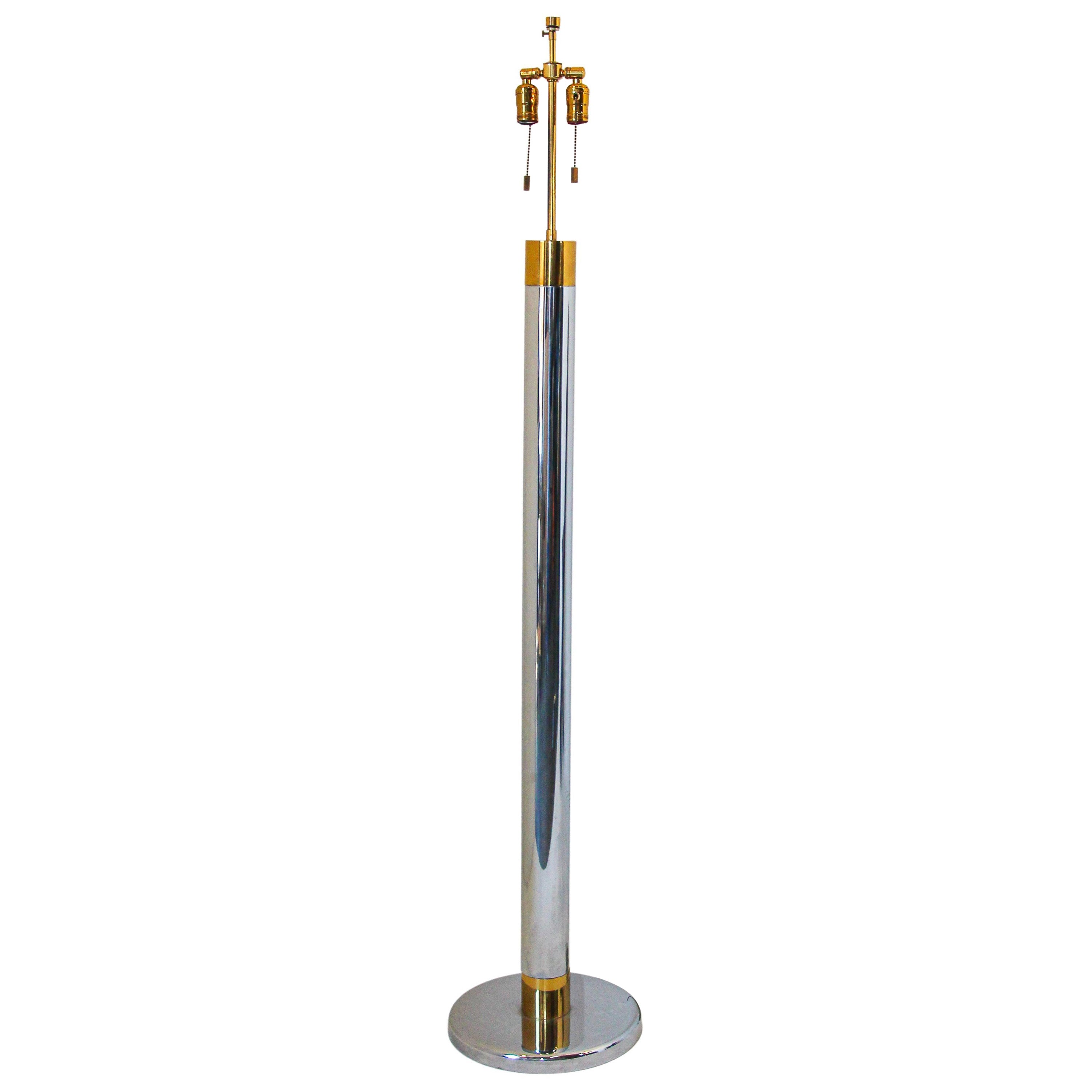 Midcentury Vintage Italian Bicolor Chrome and Brass 1970s Tall Floor Lamp For Sale