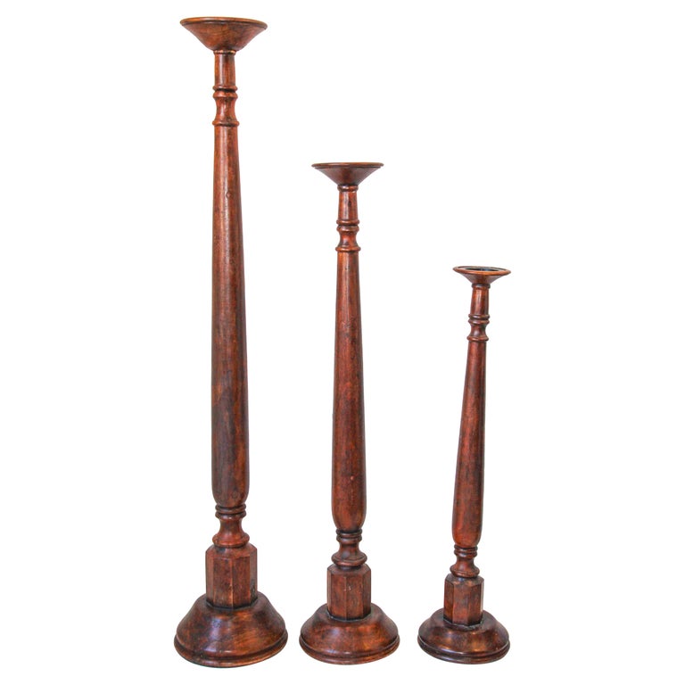Oversized Hand Carved Wood Floor Pillar Holder Set of Three India For Sale at 1stDibs