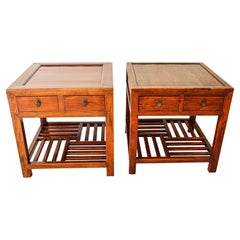 Vintage Asian Pair of Bedside Chinese Teak Nightstand End Tables