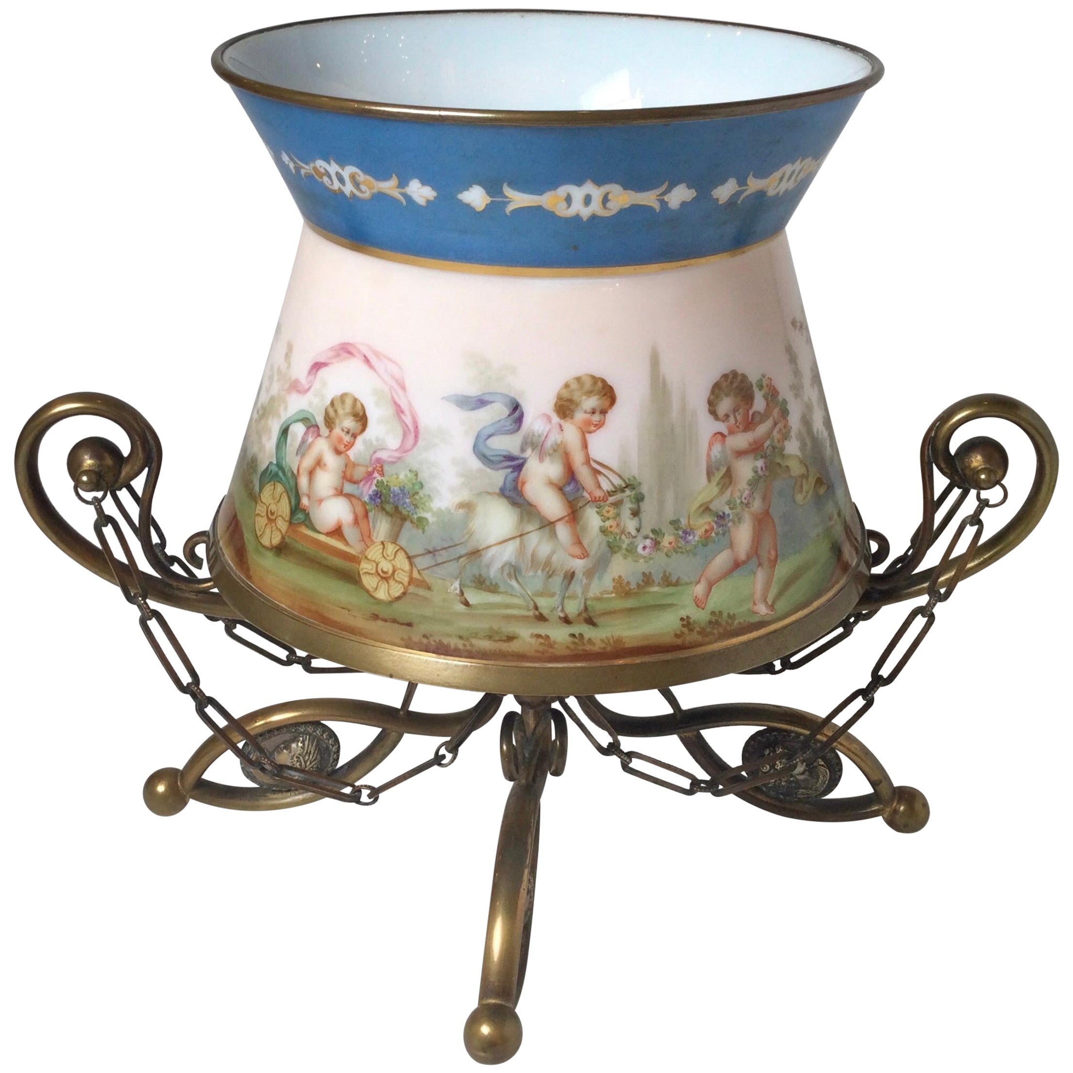 French Opaline Hand Painted Bronze Mounted Center Bowl 19th Century For Sale