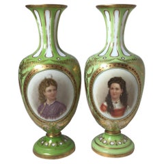 Pair of French Hand Painted and Gilt Opaline Vases, 19th Century