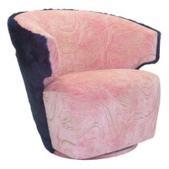 Modern Winged Swivel Chair with Pink Cut Velvet and Cobalt Faux Fur