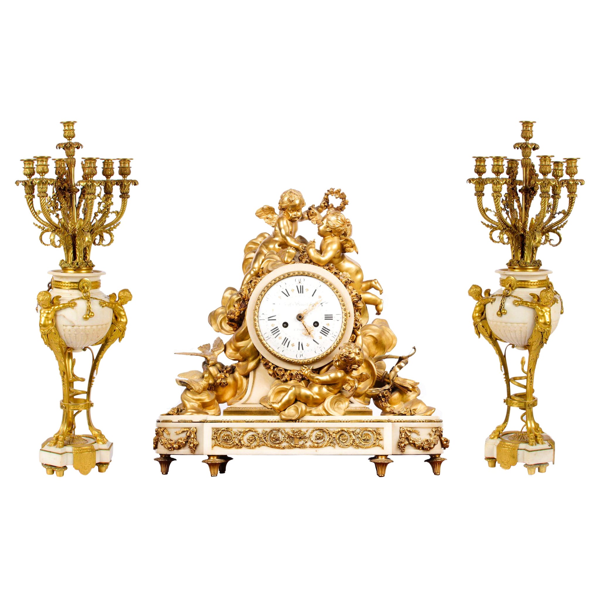 Uhrenset aus vergoldeter Bronze im Louis-XVI.-Stil von Beurdeley im Angebot