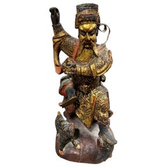 Chinese Asian Gilt Wood Carved Ancestor Temple Shrine Emperor Figure with Tiger