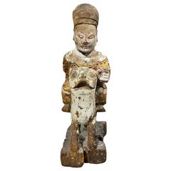 Chinese Asian Gilt Wood Carved Ancestor Temple Shrine Emperor Figure on Animal