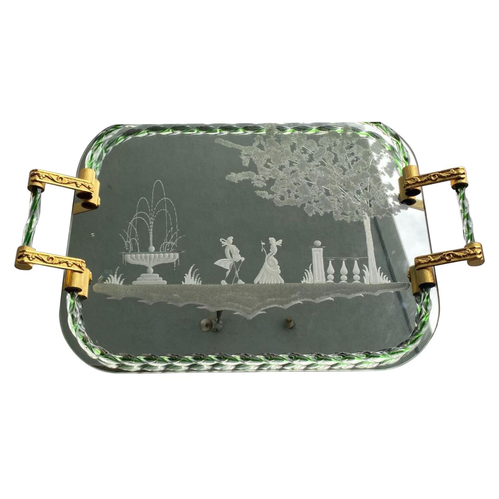 Itailan Murano Barovier Style Vanity Tray with Etched Mirror Twisted Glass Rope For Sale