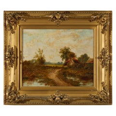 Antique Landscape Painting, Cottage Scene with Figure by E. Cole, 19th C