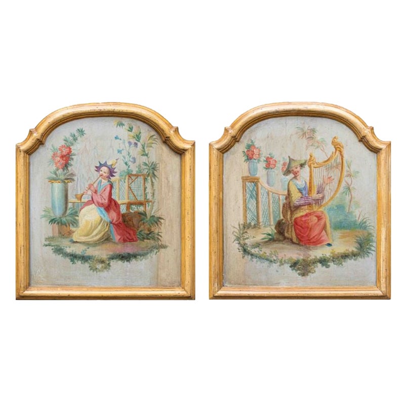 18th Century Chinoiserie two Paintings Oil on Panel