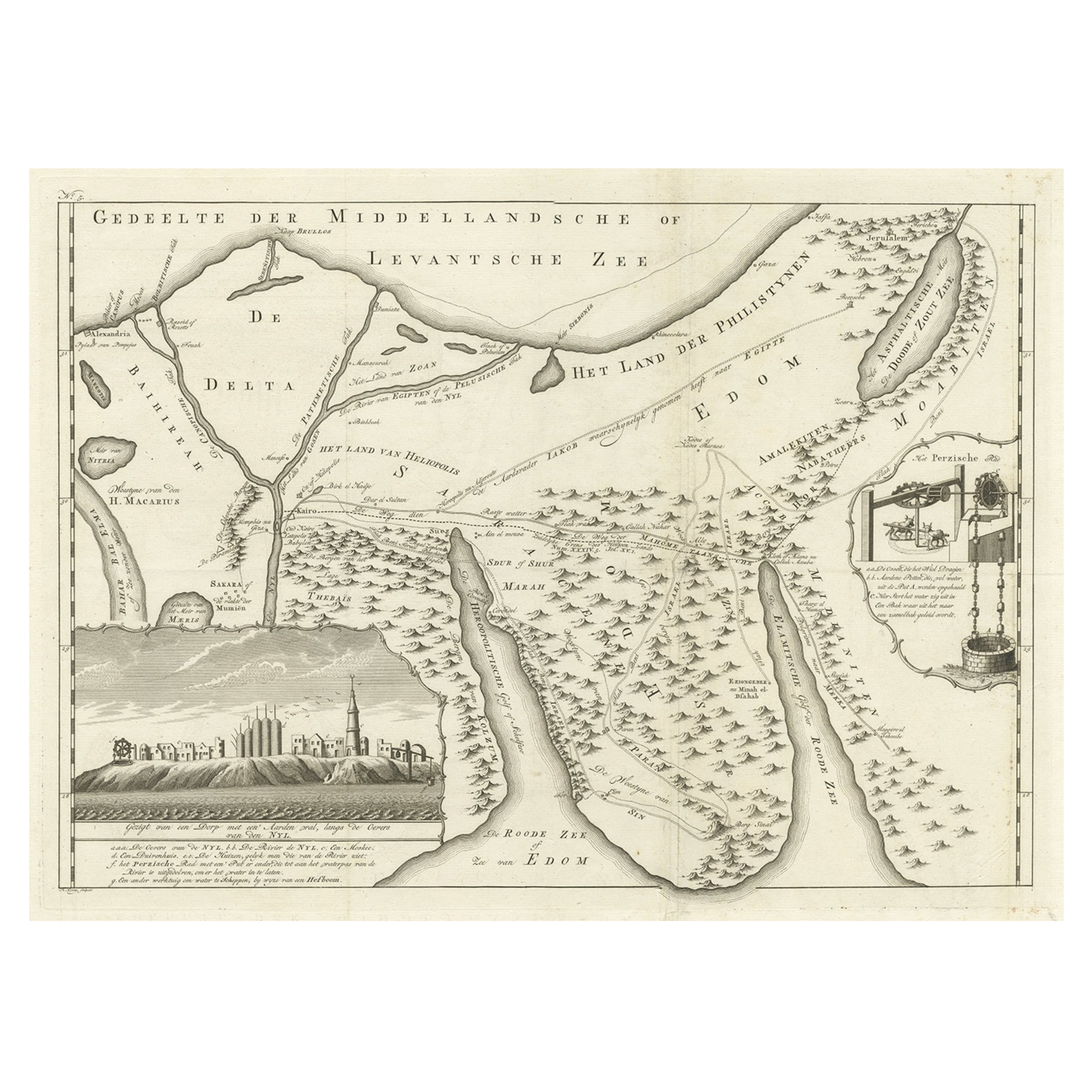Antiguo mapa de la península del Sinaí con el Mediterráneo y el Mar Rojo, 1773