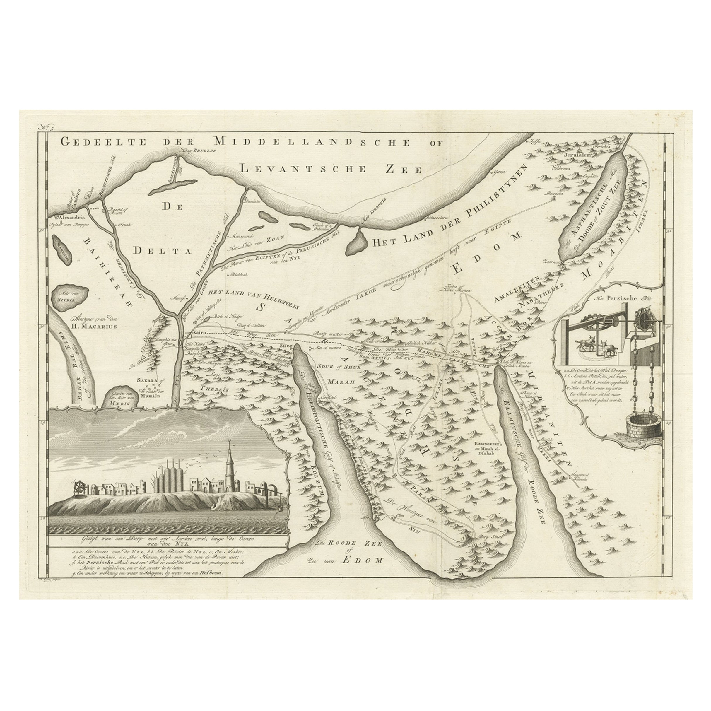 Ancienne carte de la péninsule du Sinai montrant la Méditerranée et la mer Rouge, 1773