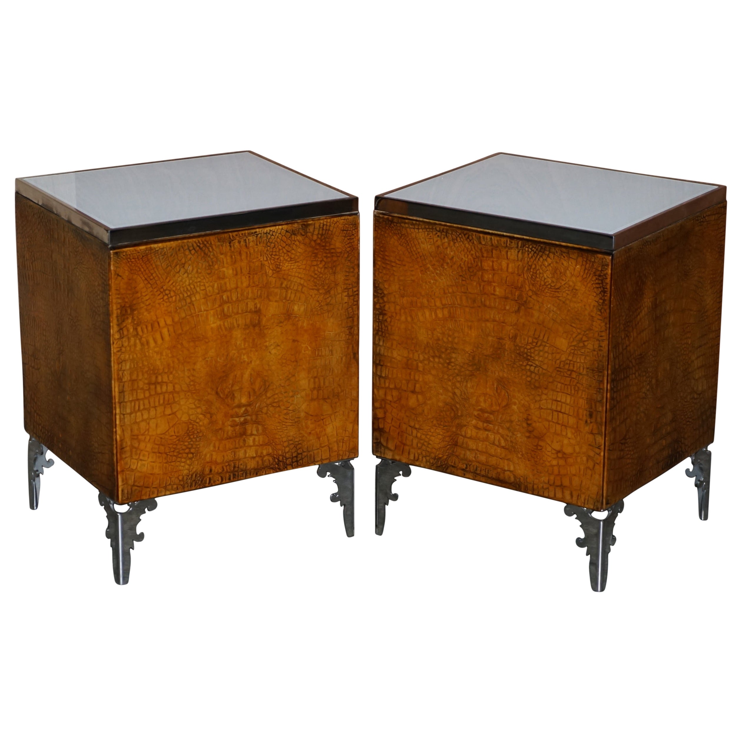 Pair of Ipe Cavalli Crocodile Leather Bedside Tables Chrome Finish