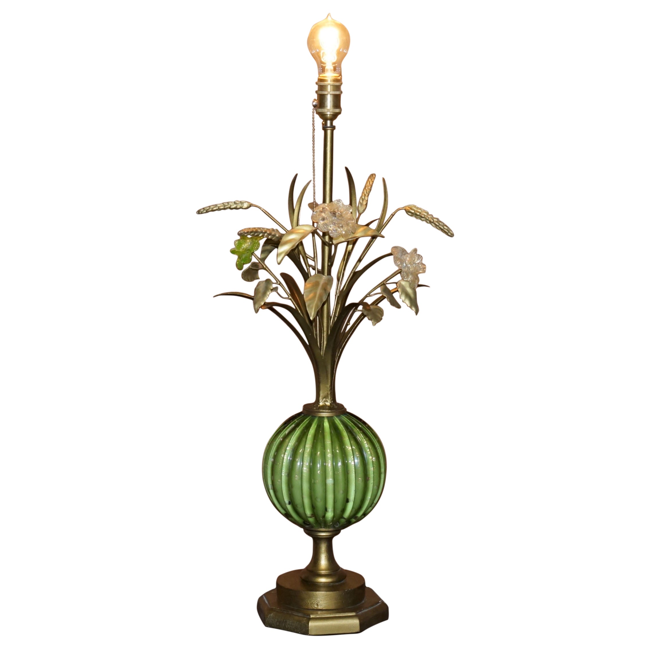 Large Vintage circa 1940's Murano Glass Green and Gold Leaf Painted Table Lamp
