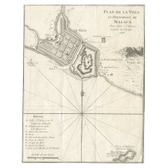 Detailed Original Antique Plan of the City and Fort of Malacca, Malaysia, 1764