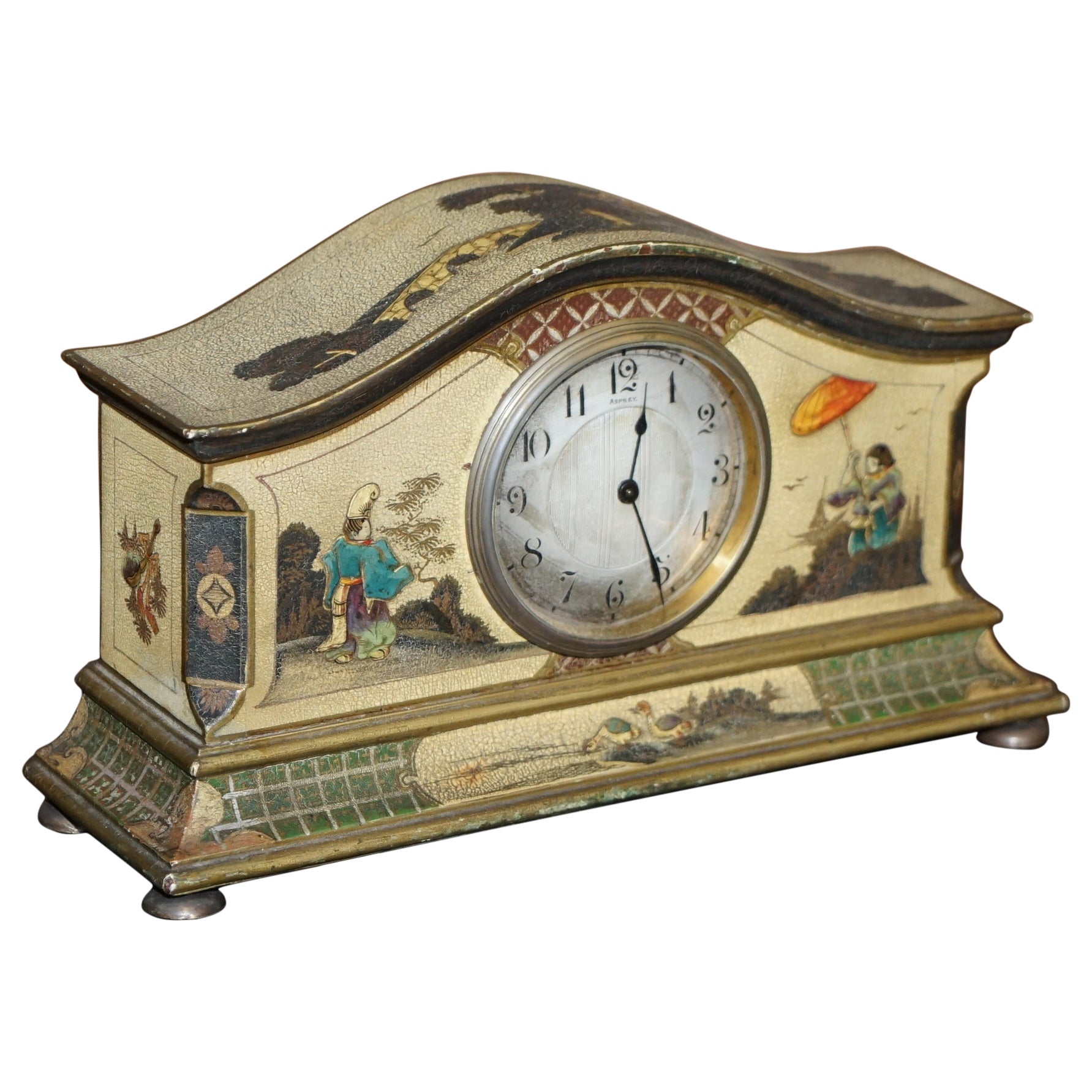 Original circa 1920's Asprey London Chinoiserie Mantle Clock Lovely Decoration