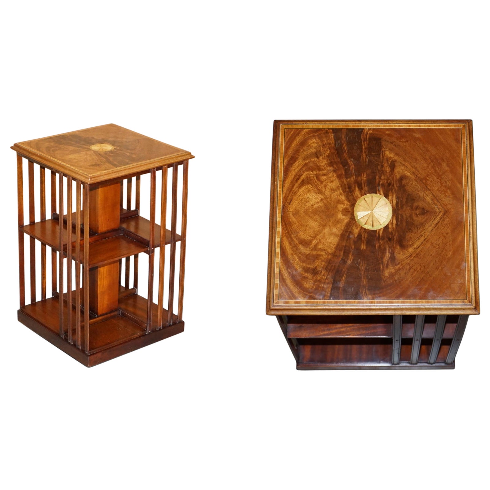 Antique Sheraton Revival Hardwood & Satinwood Revolving Bookcase Side End Table For Sale