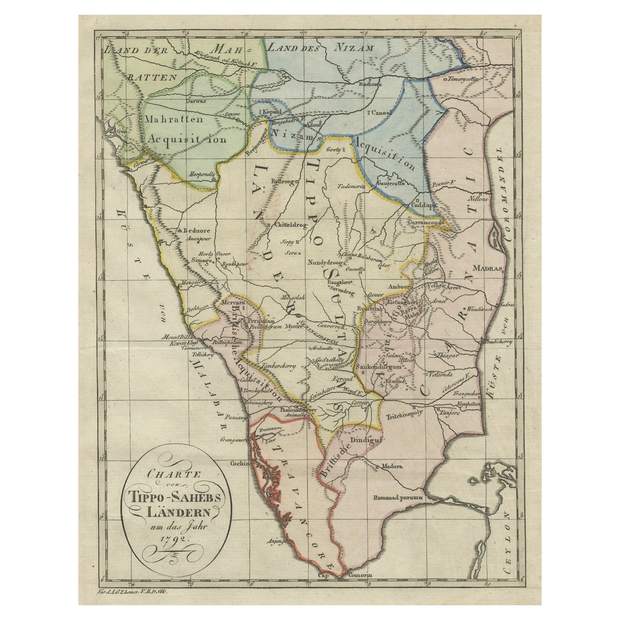 Original Map of Southern India with Kingdom Mysore, Ruled by Tipu Sultan, 1800