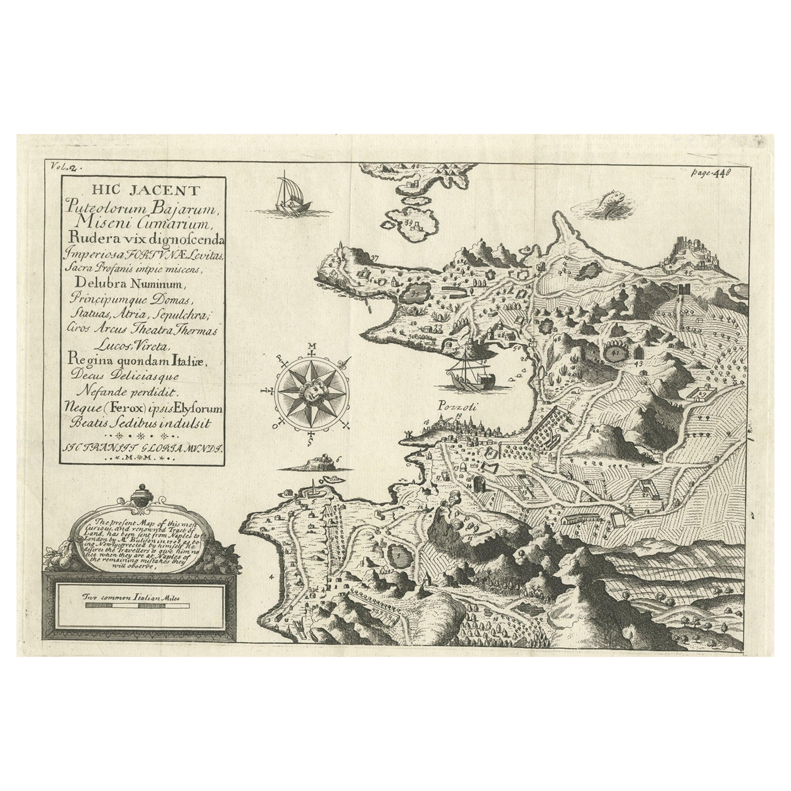 Old Original Map of Pozzuoli Near Naples in the Campania Region, Italy, ca.1740 For Sale