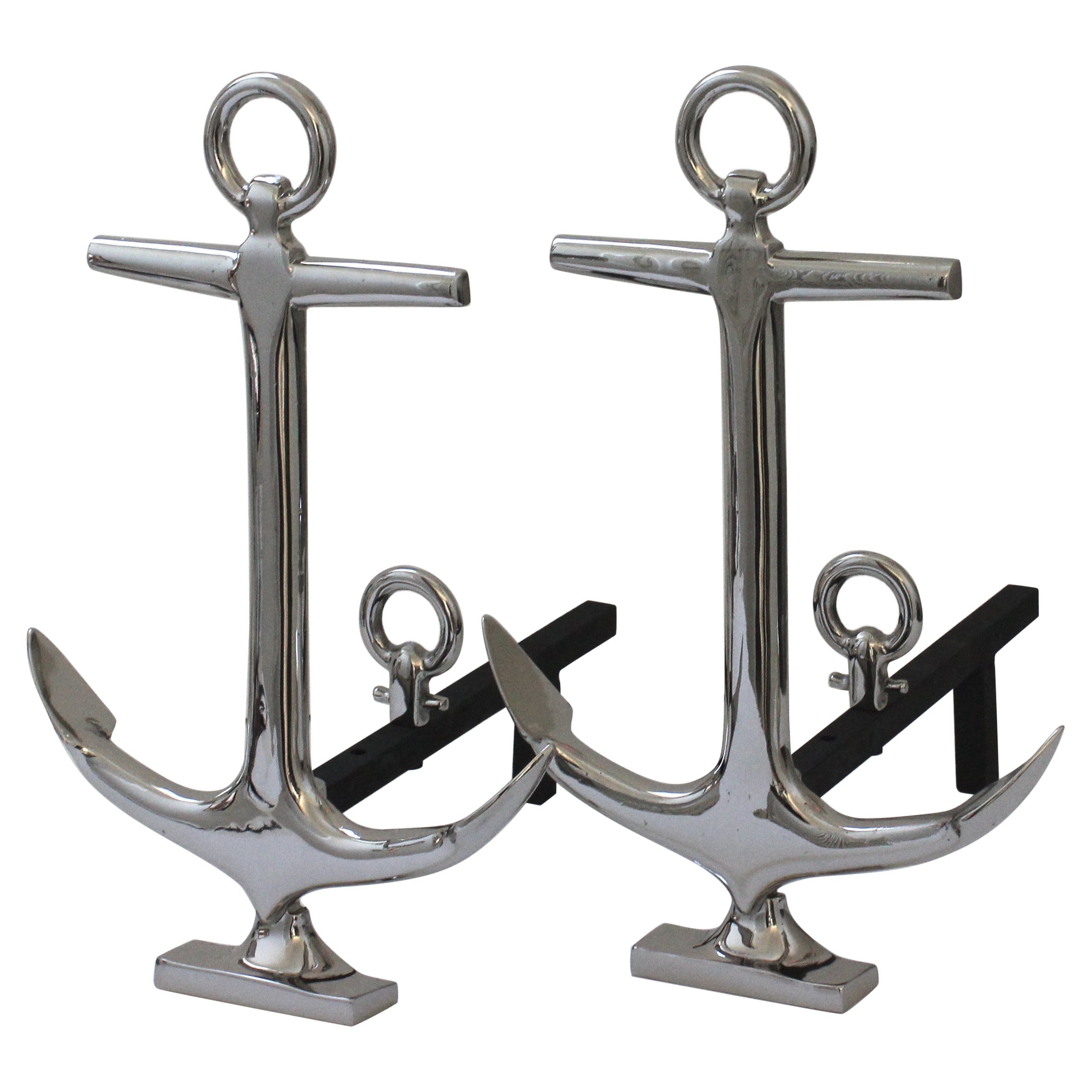 Set of Nickel Plated Anchor Andirons For Sale