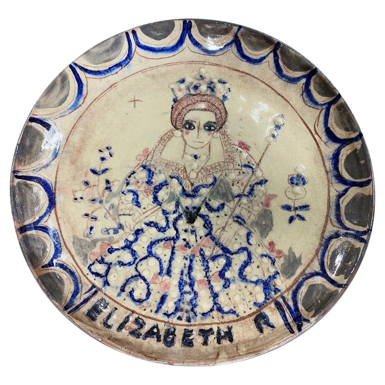 Beatrice Wood Signed Monumental Midcentury Queen Elizabeth Pottery Charger For Sale