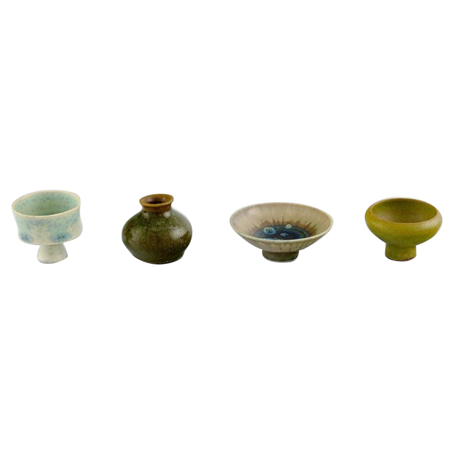 Swedish Studio Ceramics, Four Unique Miniature Vases in Glazed Stoneware For Sale