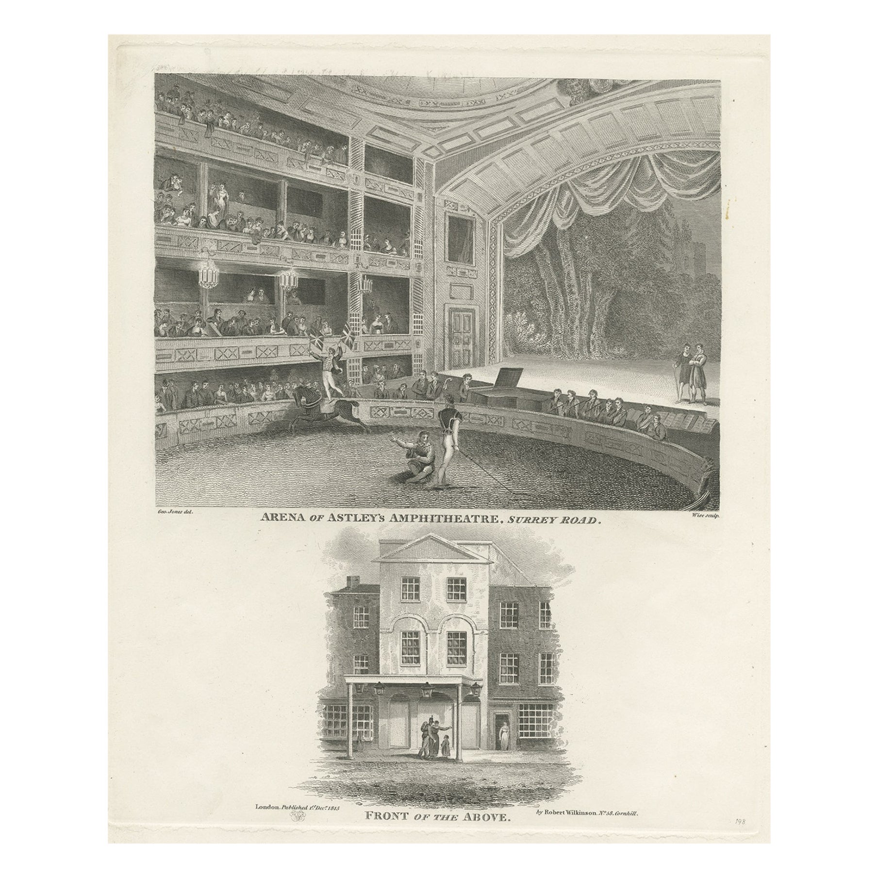 Ancienne estampe de l'Amphitheatre d'Astley, au sud du pont de Westminster, Londres, 1815