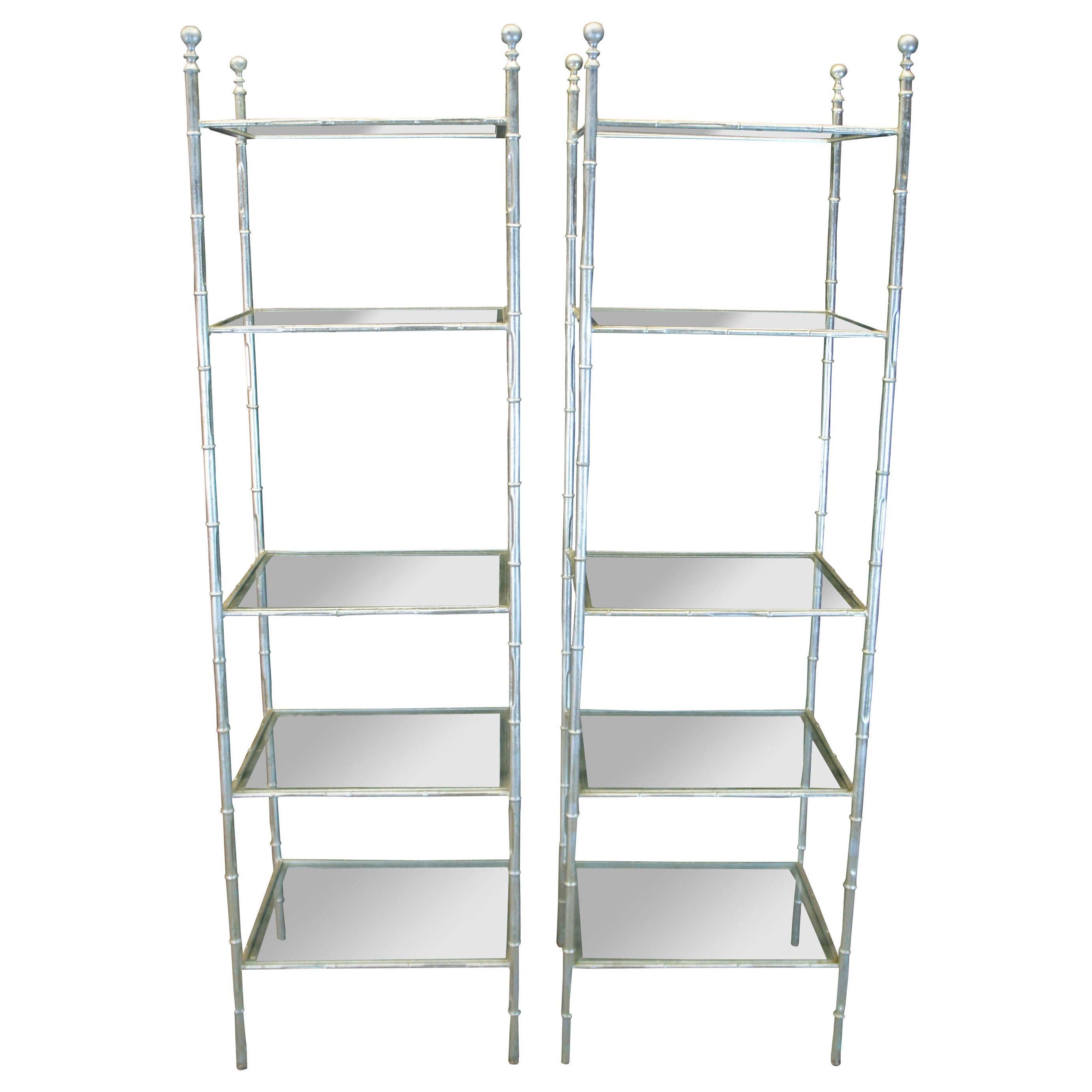 2 Mid Century Silver Leaf Faux Bamboo Metal Etageres Bookcase Hollywood Regency
