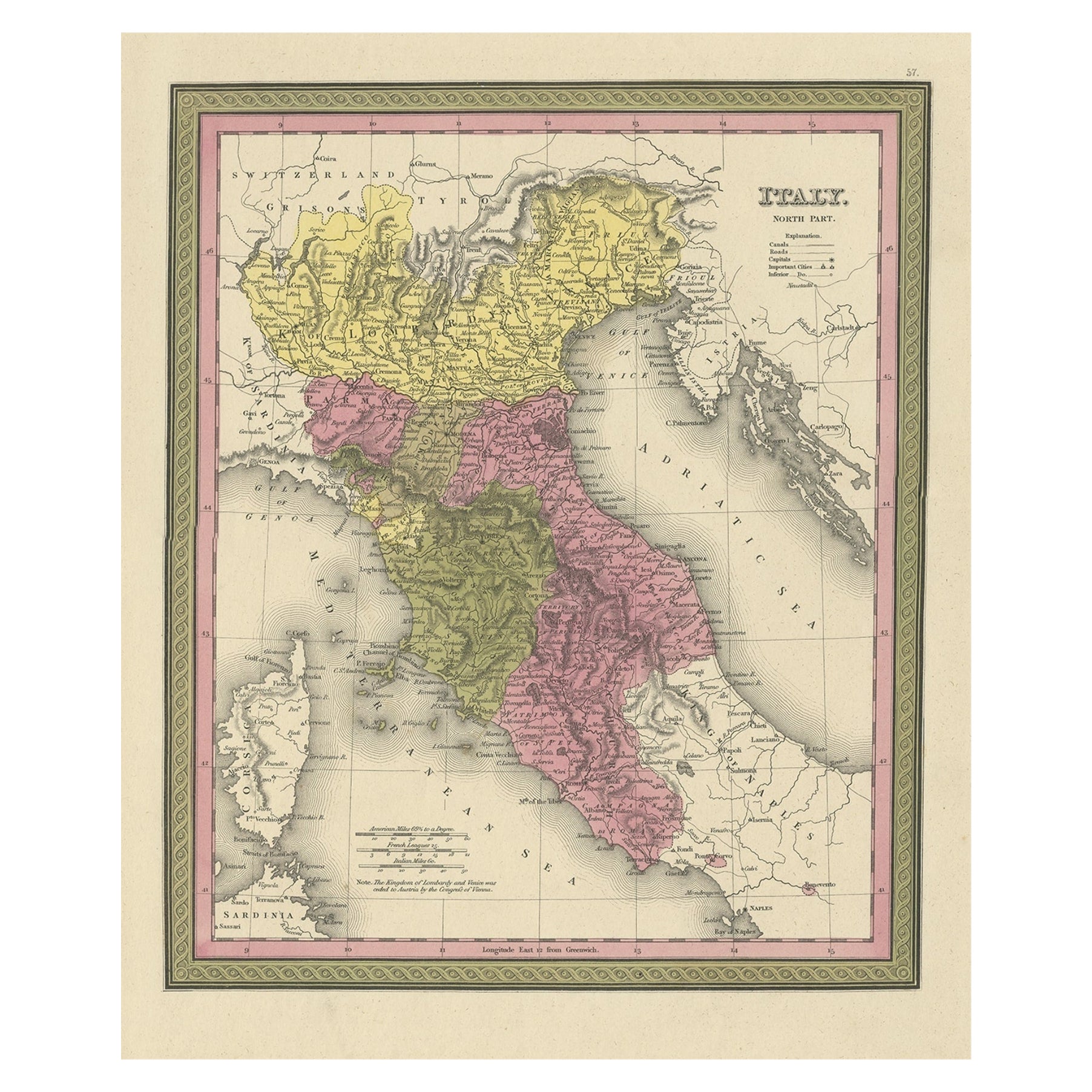 Ancienne carte décorative colorée et ancienne d'Italie du Nord, 1846