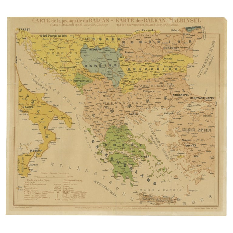 Old Map of the Balkans Incl Greece, Turkey, Serbia, Montenegro, Bulgaria, C.1900 For Sale