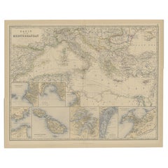 Interesting Detailed Antique Map of Region Around The Mediterranean Sea, 1882