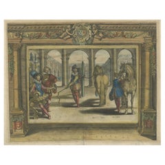 Stampa antica di uomini francesi che addestrano due cavalli vicino al Louvre, Francia, 1627