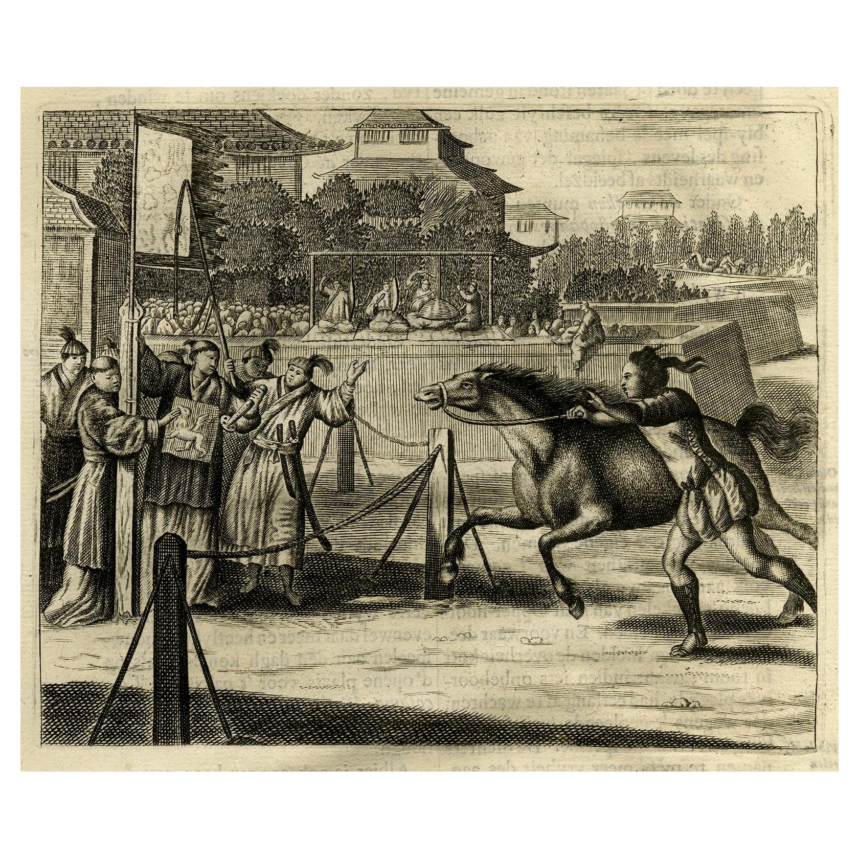 Original Antique Engraving of a Horse Race at a Japanese Racing Track, 1669 For Sale