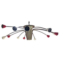 Vintage 1960s Stilnovo Red White Sputnik Twelve Arm Chandelier Italy