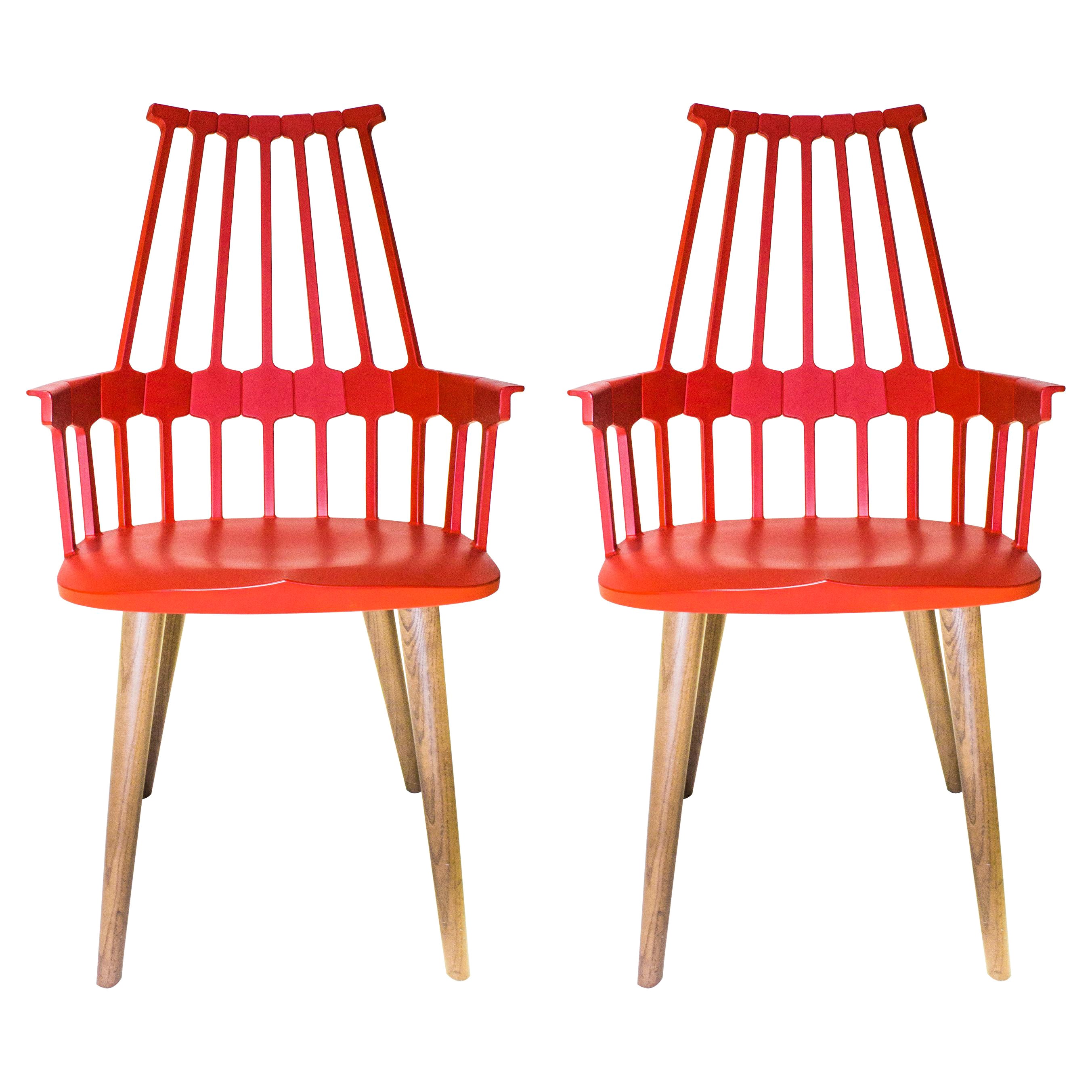 Set of 2 Kartell Comback Chairs in Orange Red with Oak Legs by Patricia Urquiola For Sale