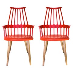 Set of 2 Kartell Comback Chairs in Orange Red with Oak Legs by Patricia Urquiola