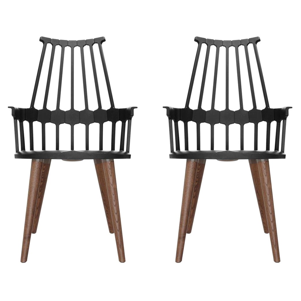 Set of 2 Kartell Comback Chairs in Black with Oak Legs by Patricia Urquiola