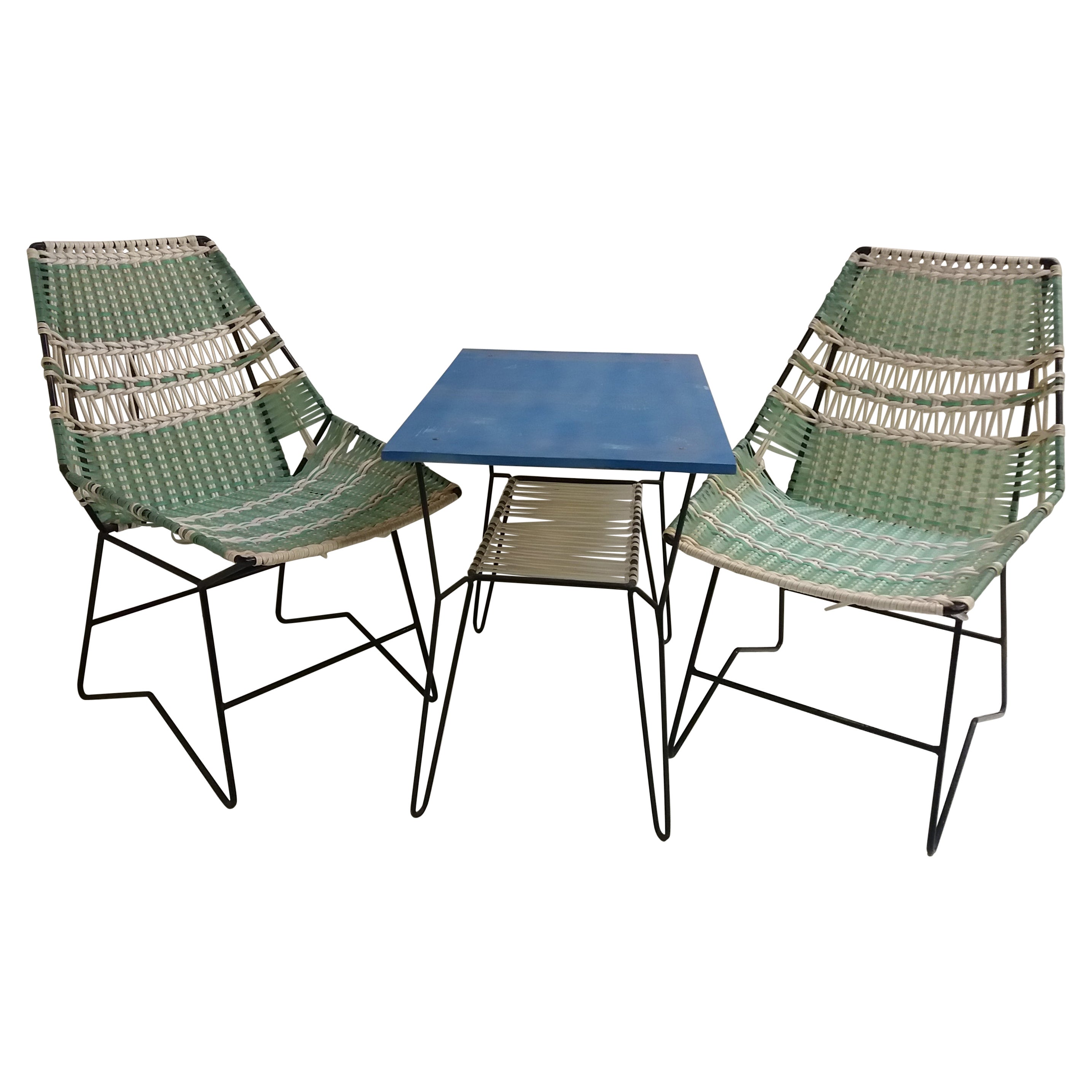 1960 Pair of Braided Armchairs + Vertex Table, Czechoslovakia For Sale