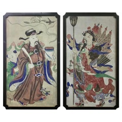 Antique Chinese Framed Painted Fabric Panels, a Pair