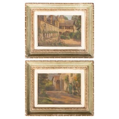 Pair of Antique French Impressionist Alsatian Farm Oil Paintings, C. 1900