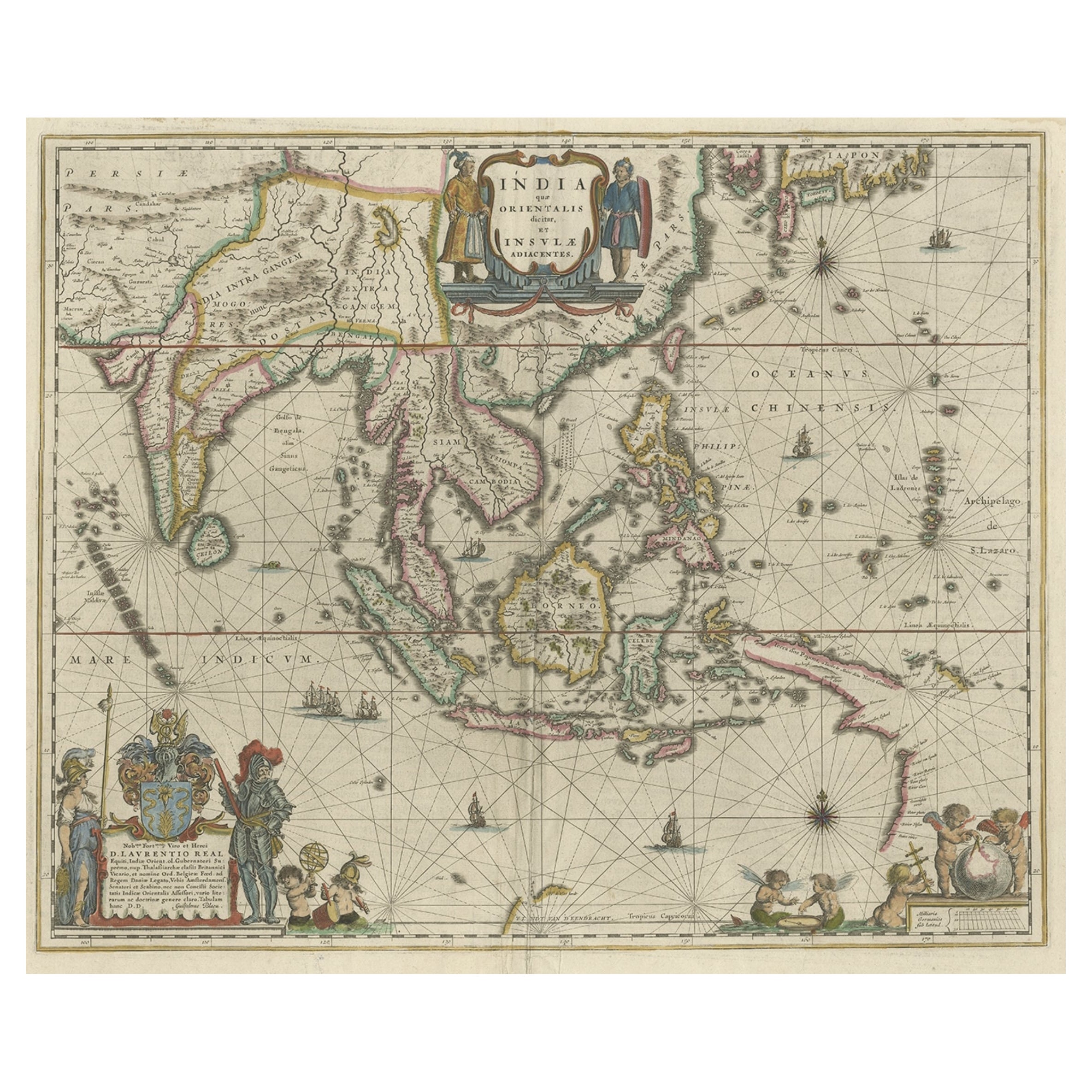 Carte originale de Blaeu du Southeast Asia, de l'Inde au Tibet et du Japon à la Nouvelle-Guinée