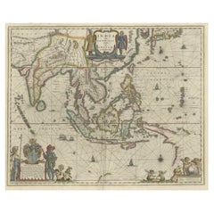 Mapa Blaeu original del Southeast Asia desde la India hasta el Tíbet y desde Japón hasta Nueva Guinea