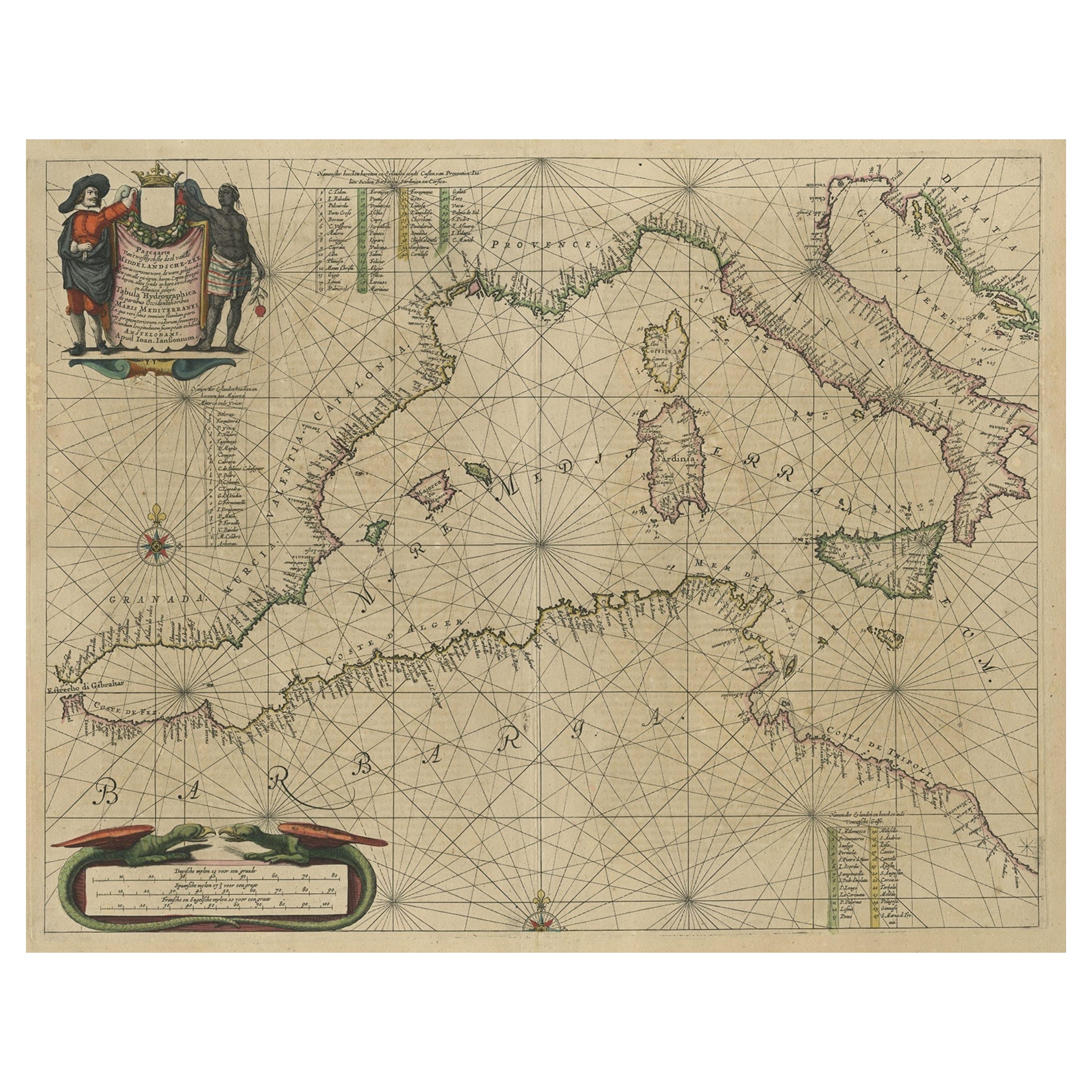 Gravure ancienne originale d'un plan de mer de la Méditerranée occidentale, vers 1650