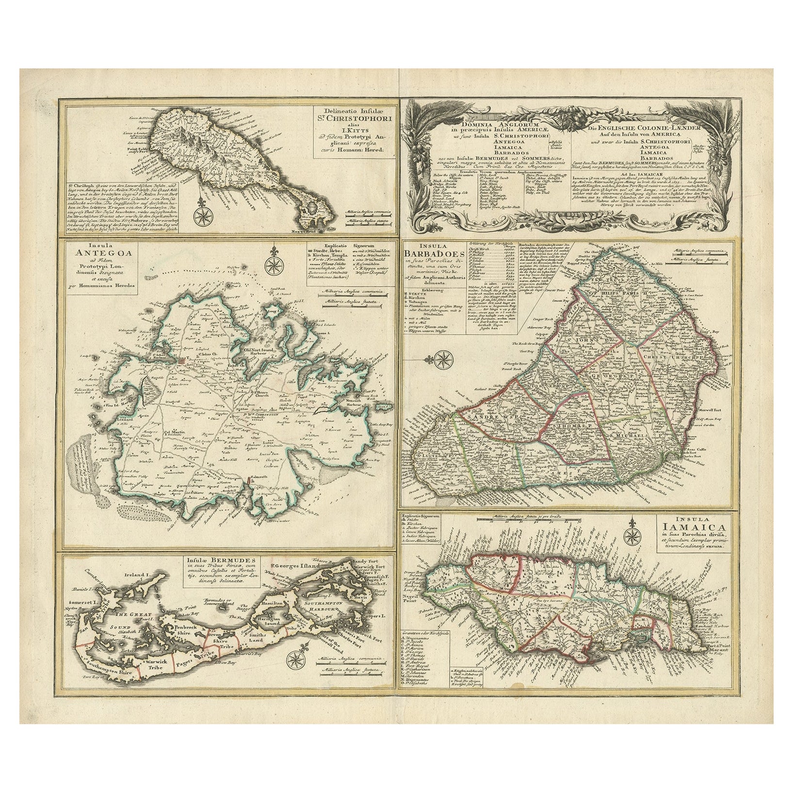 Original Old Map of St Kitts, Antigua, Bermuda, Barbados, and Jamaica, ca.1745 For Sale