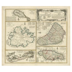 Original Old Map of St Kitts, Antigua, Bermuda, Barbados, and Jamaica, ca.1745
