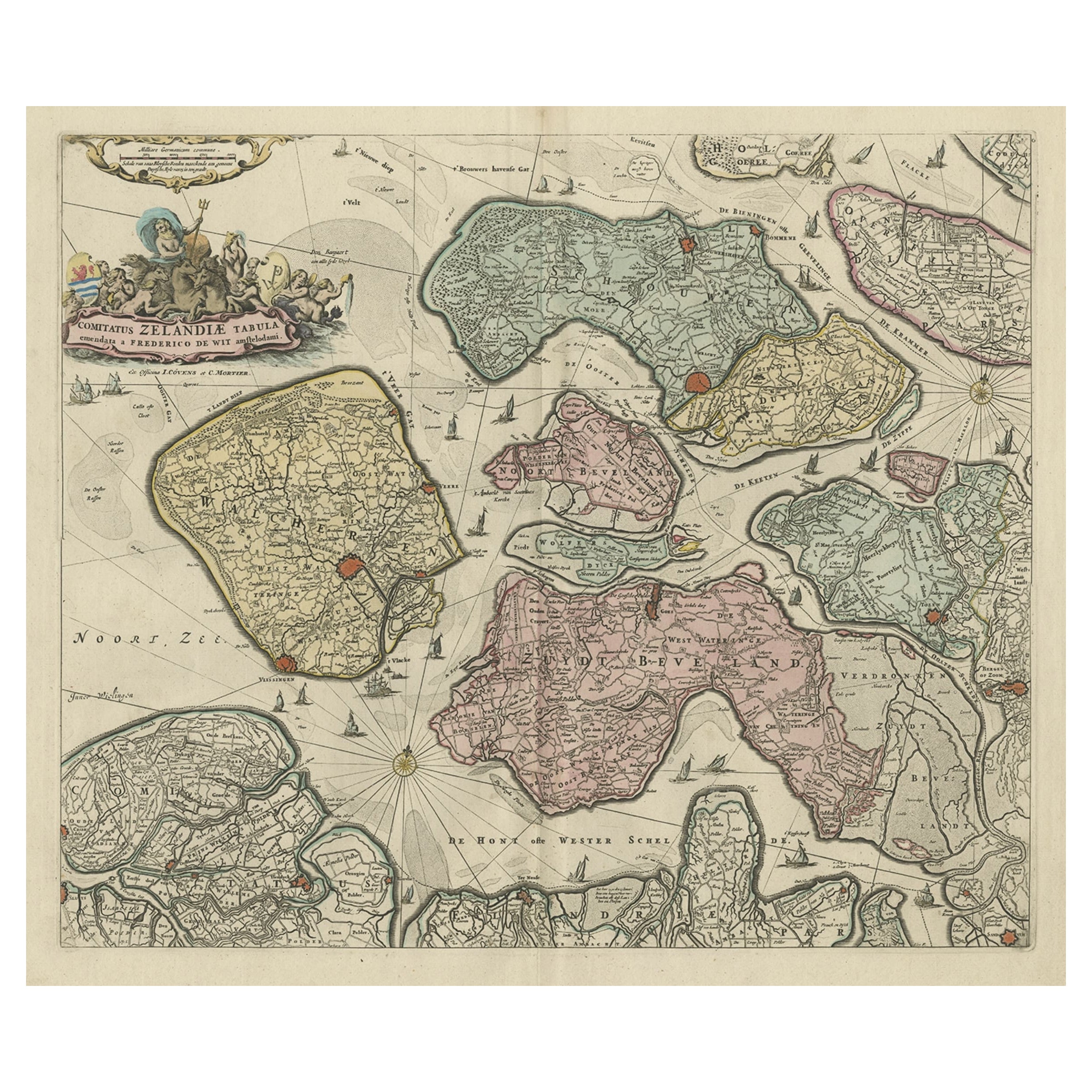 Decorative Antique Sea Chart of Zeeland, a Province of the Netherlands, ca.1730