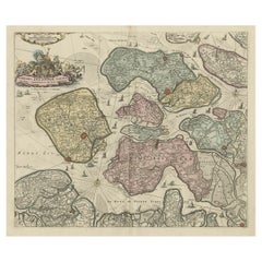 Carte marine ancienne décorative de la Zélande, une province des Pays-Bas, vers 1730