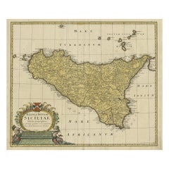 Detailed Antique Map of the Island Sicily, Italy with Nice Coat of Arms, 1747