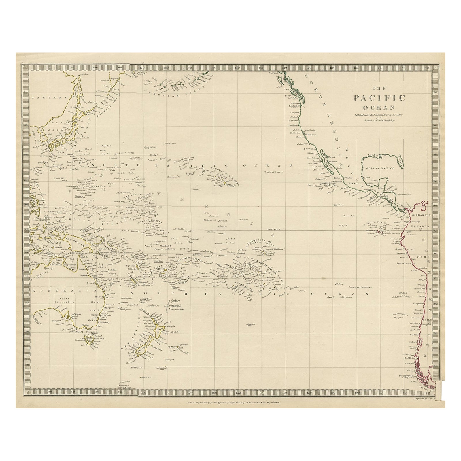 Carte ancienne de la Asie occidentale, de la Nouvelle-Zélande, de la Polynésie et de l'océan Pacifique, 1840